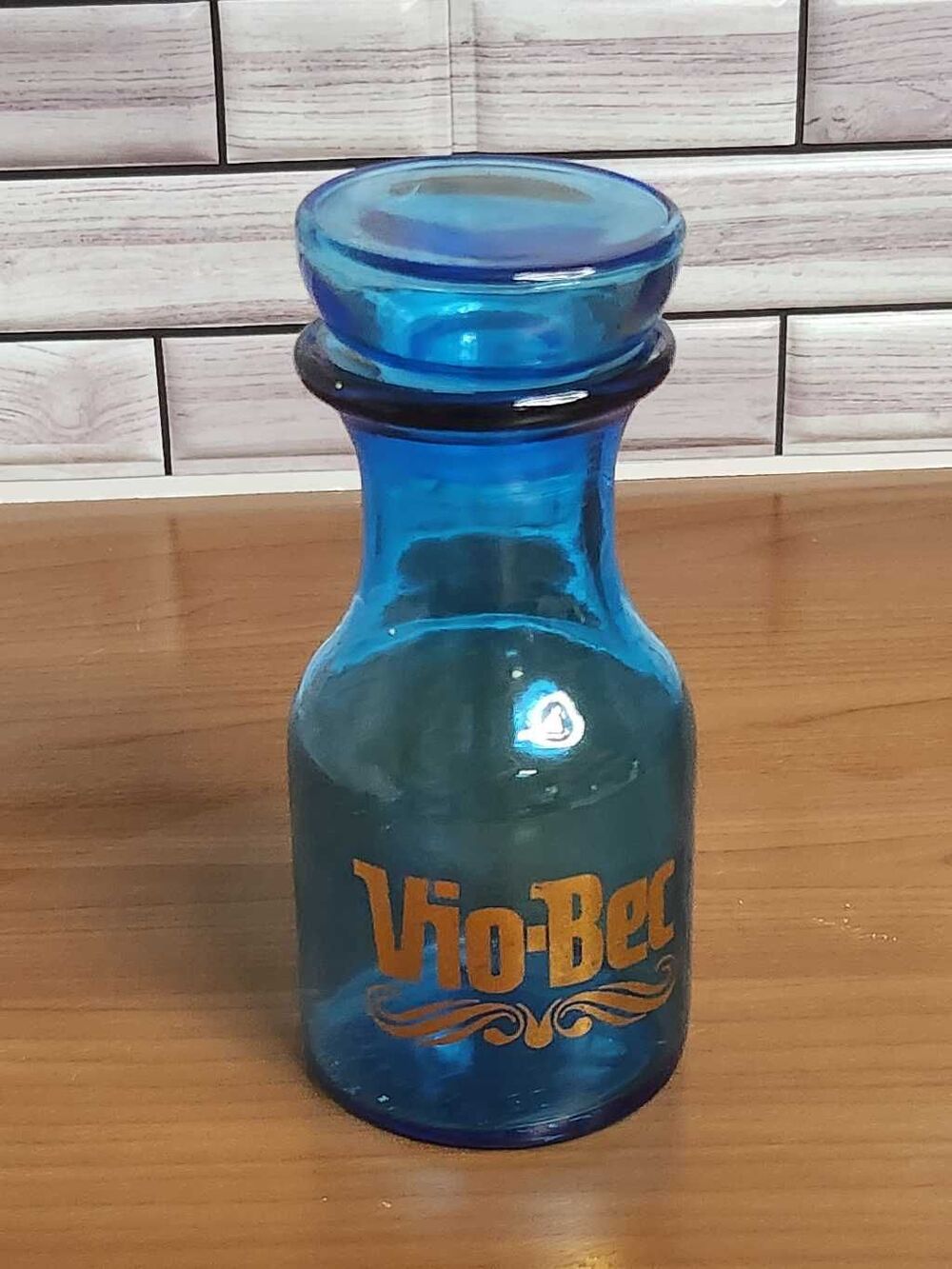 Vintage Turquoise Glass Belgium Jar Blue Apothecary VIO-BEC Bottle With Lid Made